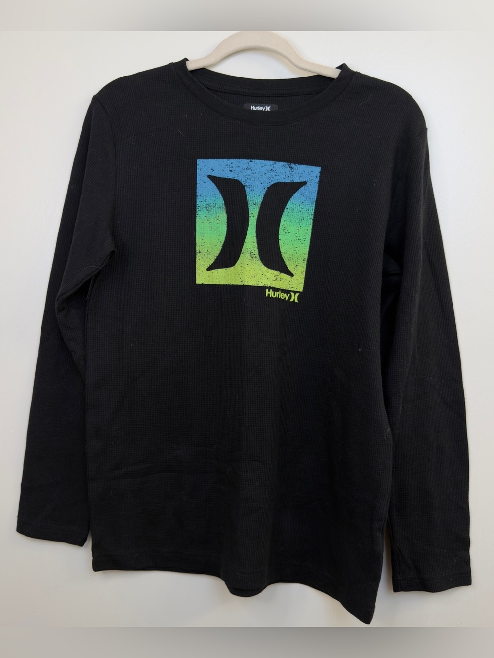Hurley Black Long Sleeve Tee with Blue and Green Gradient Logo
